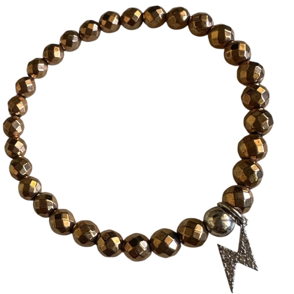 Classic Rose Gold Hematite Stretch Bracelet Sterling Silver Pave Bolt Charm